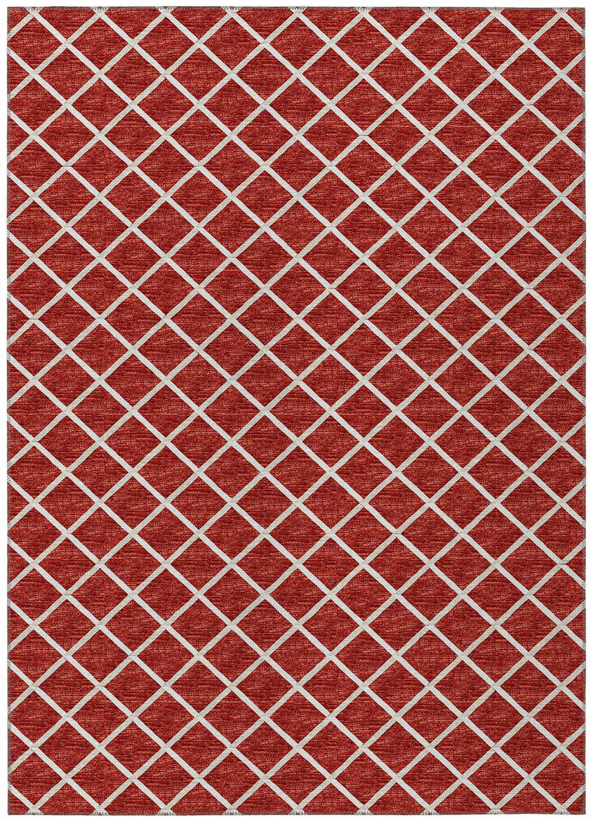 Close-up of the Dalyn Machine Indoor/Outdoor York YO1 Red Washable Area Rug featuring a red and ivory diamond pattern.