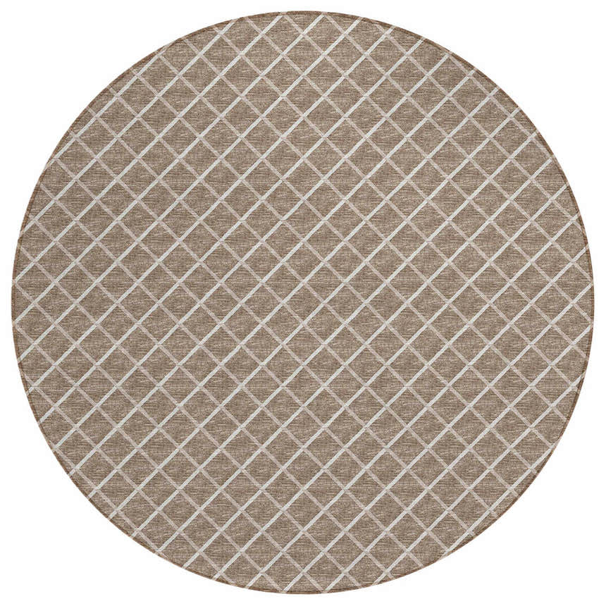 Round Dalyn York YO1 Taupe Washable Area Rug with a beige and ivory diamond trellis pattern.
