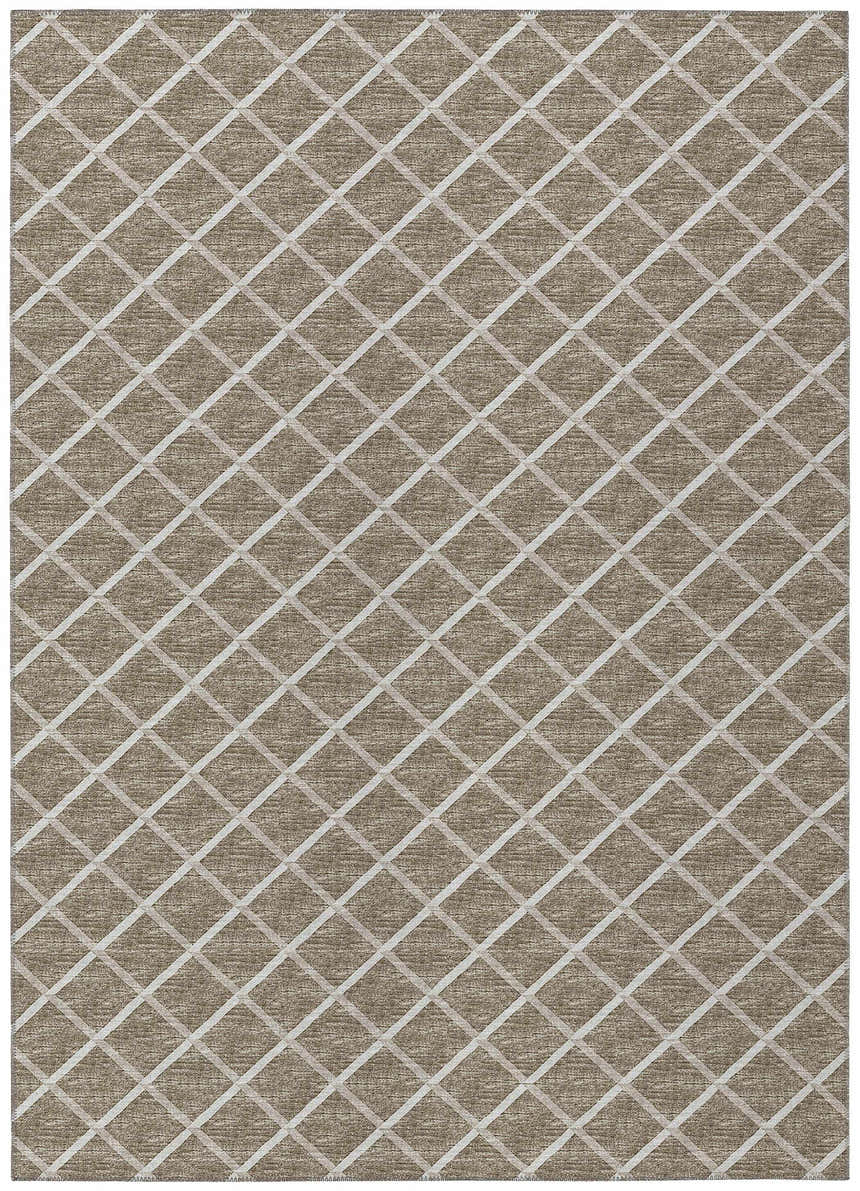 Close-up of Dalyn Machine Indoor/Outdoor York YO1 Taupe Washable Area Rug. Beige rug with light brown and ivory diamond pattern.