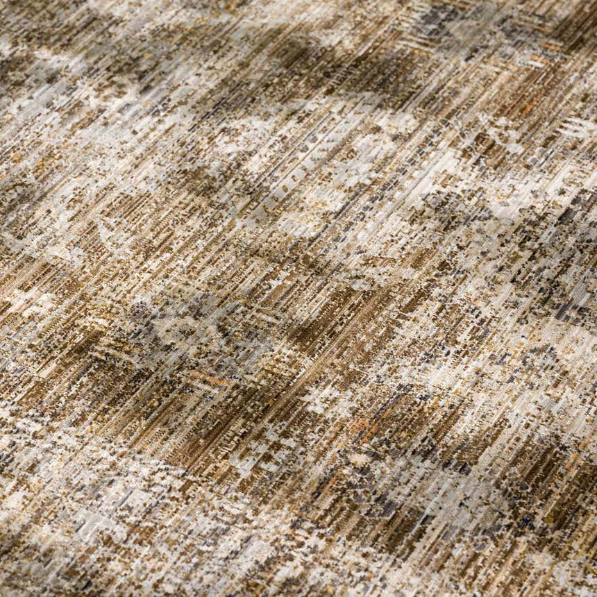 Close-up of the Yamir Washable Outdoor Rug. Dark brown and sage colors with a traditional vintage pattern. Texture