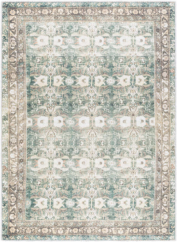 Close-up of the Acoose Vintage Flat Pile Washable Rug. Traditional floral pattern in cream, green, olive, peach, and black. Design-Rectangle-5373