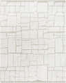 Close-up of the hand-tufted Yetty Ivory Area Rug. Features a contemporary stone gray brick-like pattern on soft ivory wool. Design-Rectangle-810