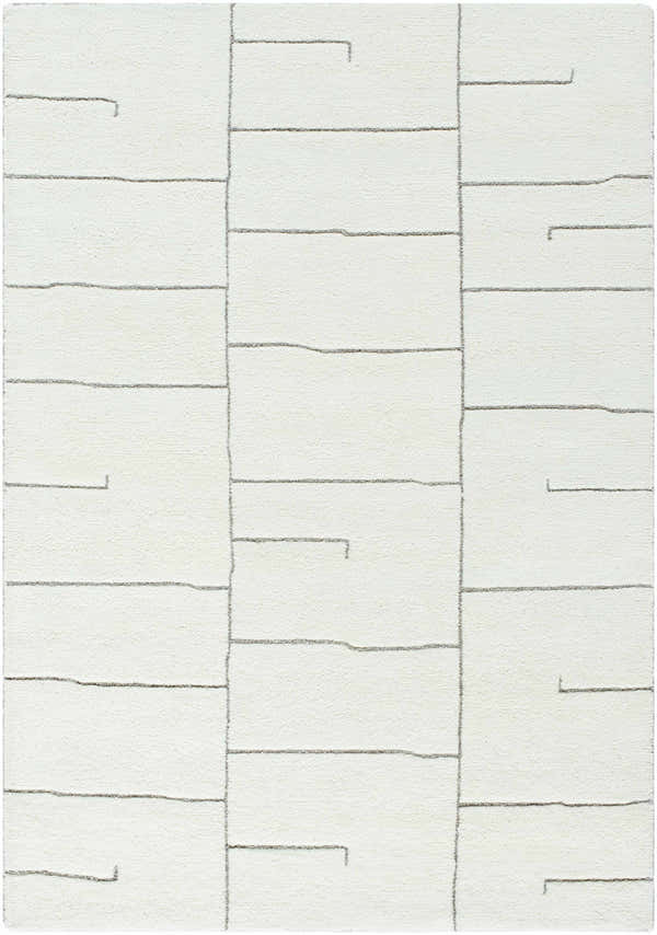 Close-up of the hand-tufted Yanka Area Rug. Light silver lines create a geometric pattern on the off-white wool texture. Design-Rectangle-5377