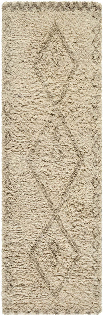 Close-up of the hand-tufted Yurem Area Rug. Beige, cream, tan, and taupe wool rug with a geometric diamond pattern. Design-Runner-268