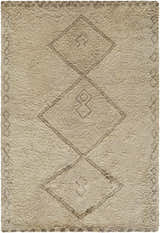 Close-up of the hand-tufted Yurem Area Rug. Beige wool rug with a diamond pattern and a soft, textured surface. Design-Rectangle-576