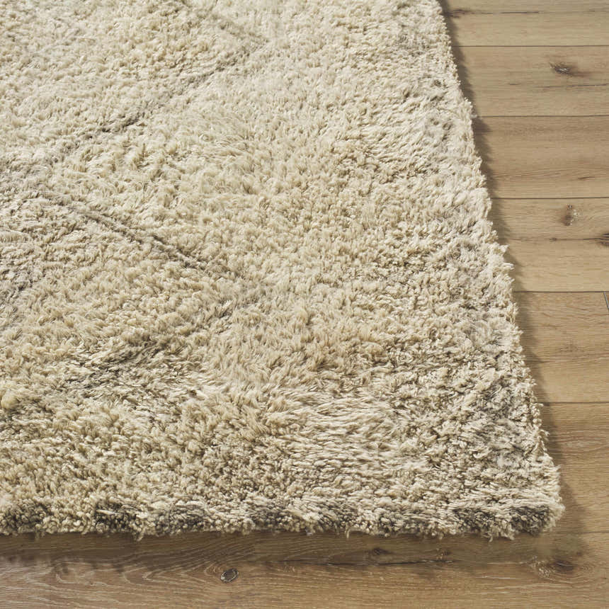 Close-up of the hand-tufted Yurem Area Rug. Beige and cream wool rug with a soft, plush texture on wood floors. Front