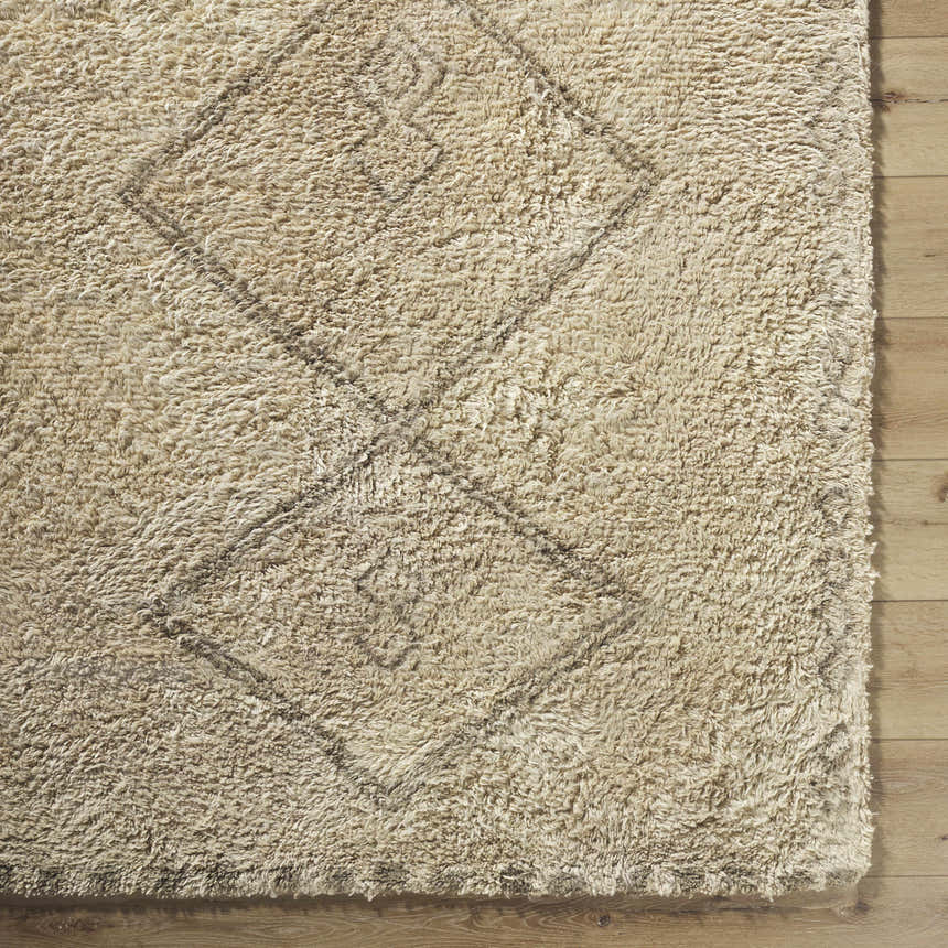 Close up of the hand-tufted Yurem Area Rug. Beige wool rug with a geometric diamond pattern and a soft, shaggy texture. Corner