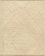 Close-up of the hand-tufted Addien Area Rug. 100% wool rug with a geometric line pattern in neutral beige tones. Design-Rectangle-810