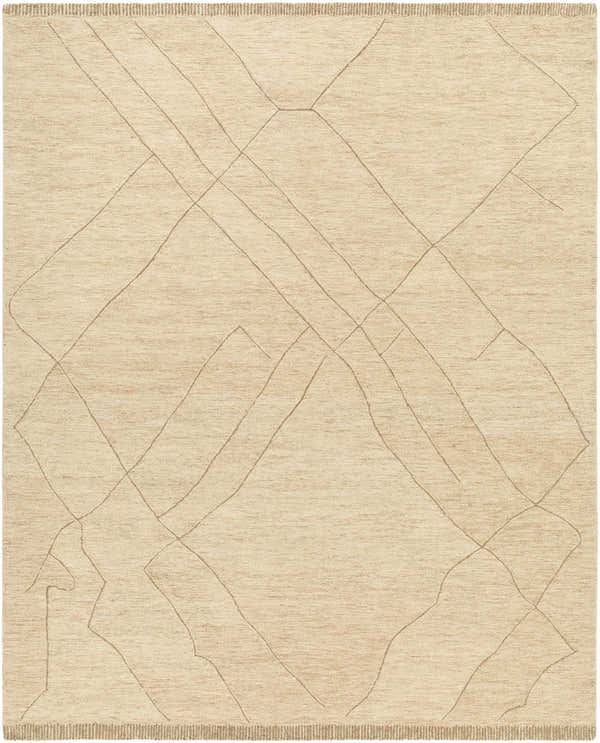 Close-up of the hand-tufted Addien Area Rug. 100% wool rug with a geometric line pattern in neutral beige tones. Design-Rectangle-810
