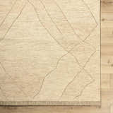 Close-up of the hand-tufted Addien Area Rug. Neutral wool rug with a subtle geometric pattern and textured pile. Swatch