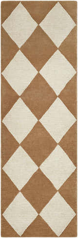 Close-up of the Aradia Tan Area Rug, a hand-tufted wool rug with a contemporary diamond pattern in tan and cream. Design-Runner-268