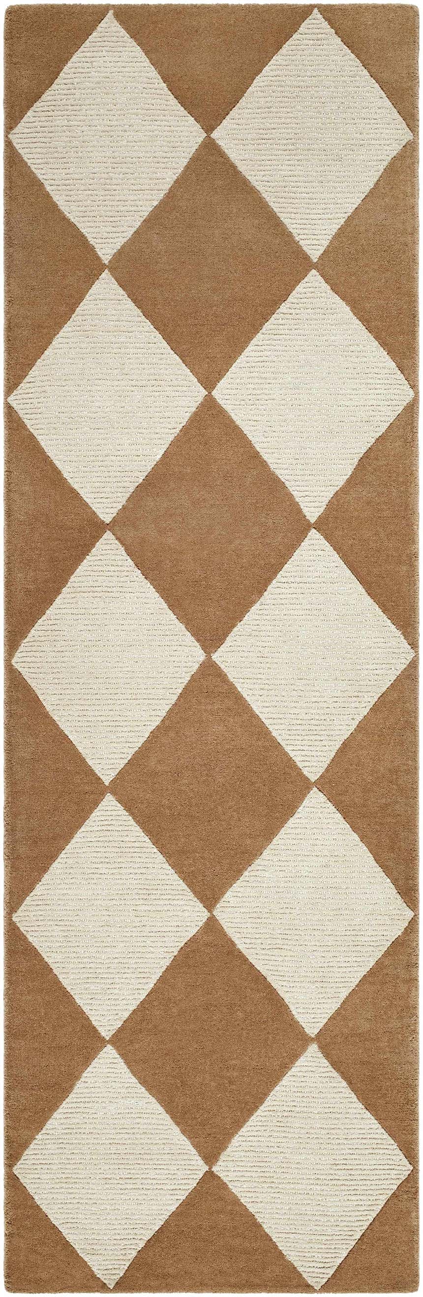 Close-up of the Aradia Tan Area Rug, a hand-tufted wool rug with a contemporary diamond pattern in tan and cream. Design-Runner-268