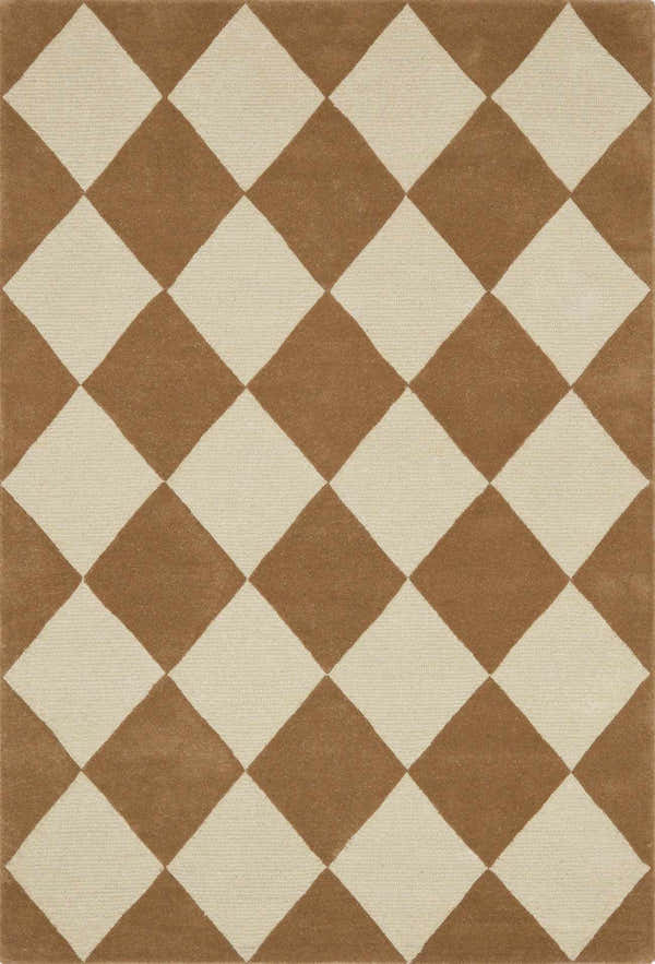Close-up of the Aradia Tan Area Rug, a hand-tufted wool rug with a contemporary tan and cream diamond pattern. Design-Rectangle