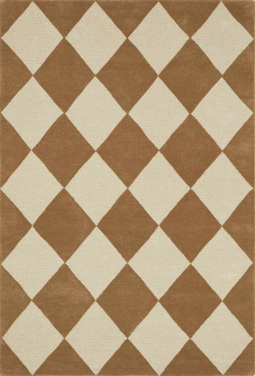 Close-up of the Isaac Handmade Vivir x LIVABLISS VVIS-2300 Area Rug. Ivory and tan diamond pattern, hand-tufted wool texture. Design-Rectangle