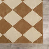 Close-up of the Aradia Tan Area Rug, a hand-tufted wool rug with a tan and beige diamond pattern. Swatch
