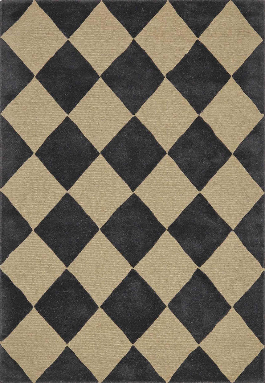 Close-up of the Aradia Charcoal Area Rug. Hand-tufted wool rug with a contemporary black and beige diamond pattern. Design-Rectangle