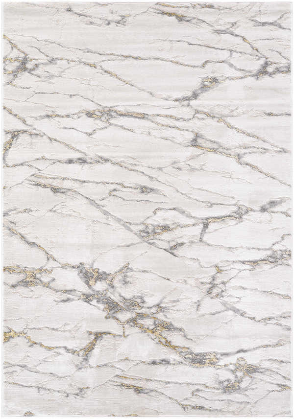 Close-up of Zelah Area Rug. Contemporary design with beige, charcoal, and gold marble-like pattern. Machine woven texture. Design-Rectangle-537