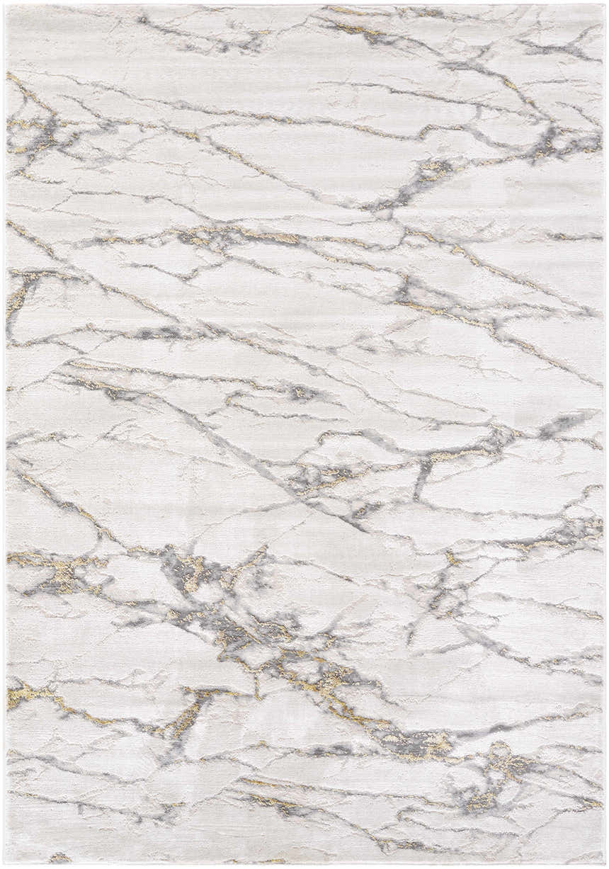 Close-up of Zelah Area Rug. Contemporary design with beige, charcoal, and gold marble-like pattern. Machine woven texture. Design-Rectangle-537