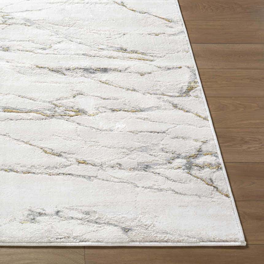 Close-up of the Zelah Area Rug showing its beige, charcoal, and gold marble-like pattern and soft texture. Front