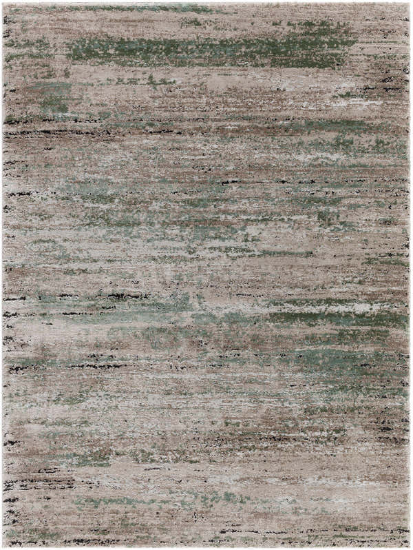 Close-up of the Zafer Luxe Thick Area Rug. Abstract design with ivory, tan, sage, and black horizontal striations. Design-Rectangle-537