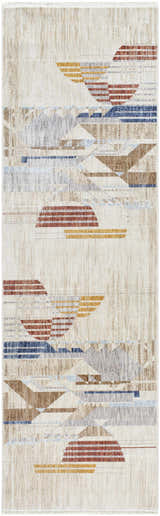 Close-up of the Zanna Area Rug. Contemporary design with burnt orange, dark red, gray, ice blue, and white geometric patterns. Design-Runner-3210