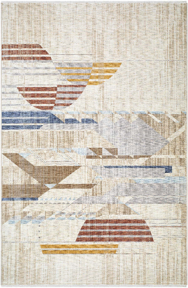 Close-up of Usonia Machine Woven Frank Lloyd Wright USO-2303 Rug. Contemporary design with burnt orange, dark red, gray, and blue. Design-Rectangle