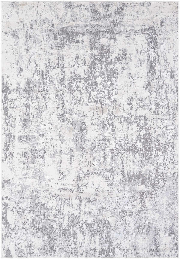 Close-up of Alviva area rug with a contemporary abstract design in charcoal, gray, ivory, peach, and white. Design-Rectangle-527