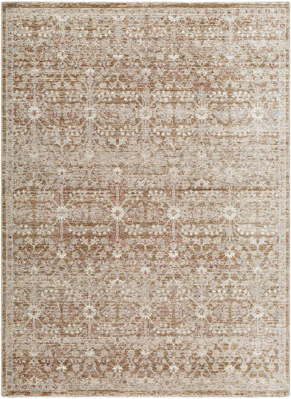 Close-up of the Ammiel Tan Area Rug, showcasing its traditional floral pattern in tan, cream, and red hues. Design-Rectangle-5710