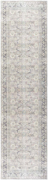 Close-up of a Zahar Washable Area Rug. Traditional design in light silver, silver gray, and warm gray hues. Machine woven texture. Design-Runner-2710