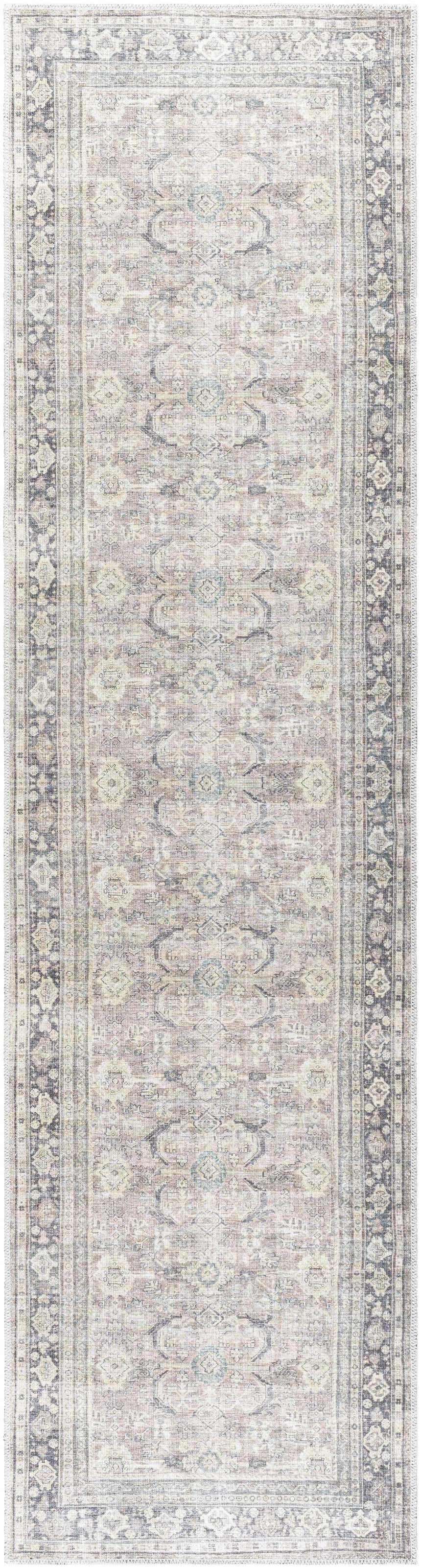 Close-up of a Zahar Washable Area Rug. Traditional design in light silver, silver gray, and warm gray hues. Machine woven texture. Design-Runner-2710
