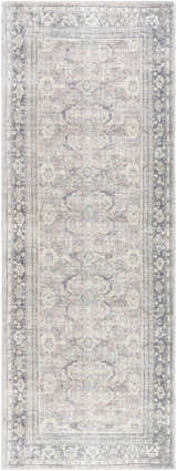 Detailed view of the Zahar Washable Area Rug. Farmhouse style rug in light silver, silver gray, and warm gray with traditional patterns. Design-Runner-2773