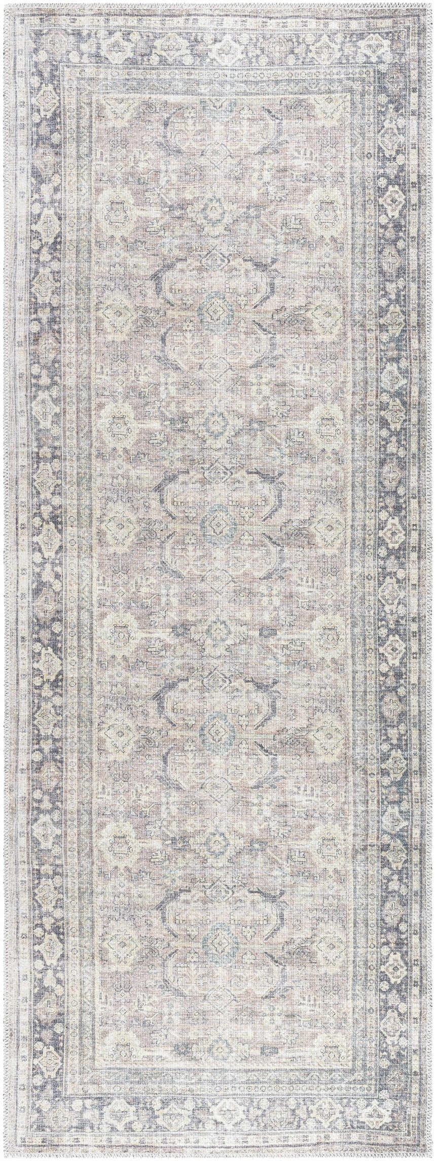 Detailed view of the Zahar Washable Area Rug. Farmhouse style rug in light silver, silver gray, and warm gray with traditional patterns. Design-Runner-2773