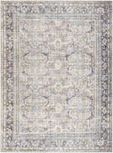 Detailed view of the Zahar Washable Area Rug. Light silver, silver gray, and warm gray traditional farmhouse design. Design-Rectangle-537