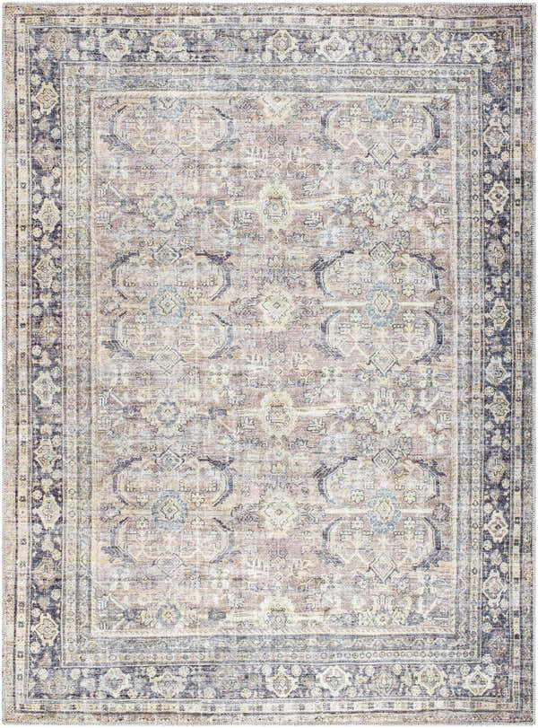 Detailed view of the Zahar Washable Area Rug. Light silver, silver gray, and warm gray traditional farmhouse design. Design-Rectangle-537
