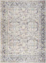 Detailed view of the Zahar Washable Area Rug. Light silver, silver gray, and warm gray traditional farmhouse design. Design-Rectangle-537