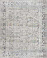 Detailed Zahar Washable Area Rug with traditional light silver, gray, and warm gray floral pattern. Machine woven polyester. Design-Rectangle