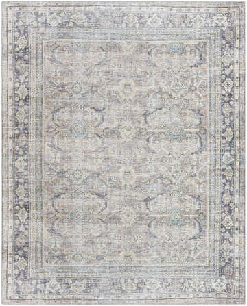 Detailed Zahar Washable Area Rug with traditional light silver, gray, and warm gray floral pattern. Machine woven polyester. Design-Rectangle