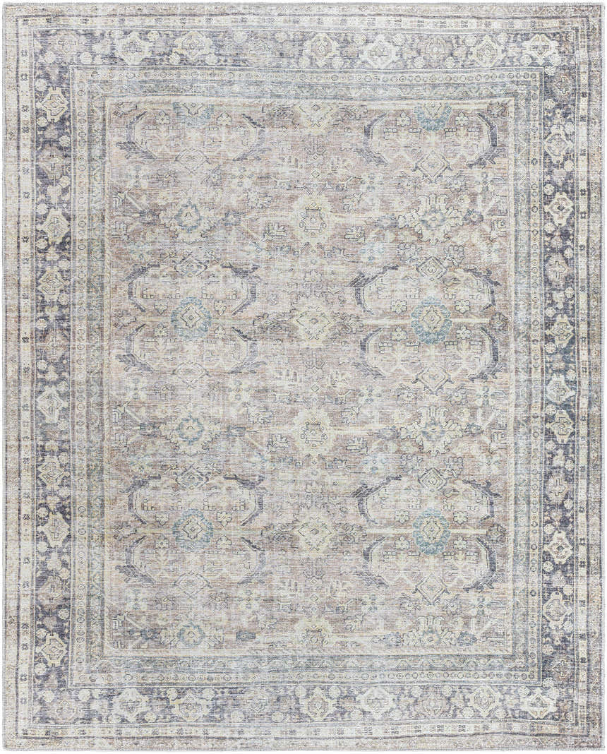 Detailed Zahar Washable Area Rug with traditional light silver, gray, and warm gray floral pattern. Machine woven polyester. Design-Rectangle