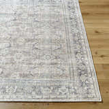 Close-up of the Zahar Washable Area Rug showing its traditional light silver, gray, and warm gray pattern and texture. Front
