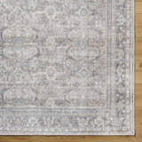 Close-up of the Zahar Washable Area Rug. Light silver, silver gray, and warm gray traditional pattern on wood floor. Corner