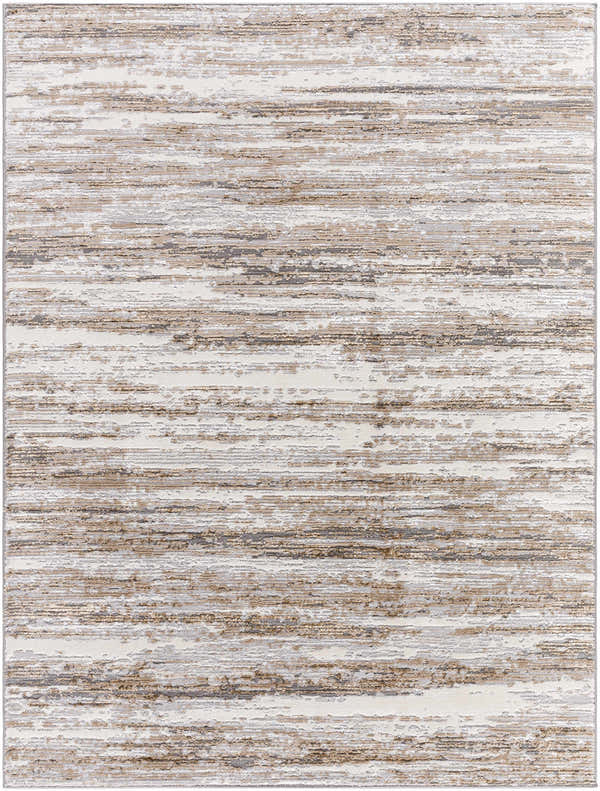 Close-up of the Aminia Area Rug, a contemporary rug with charcoal, gray, and light brown horizontal striations. Design-Rectangle-527