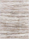 Close-up of the Aminia Area Rug, a contemporary rug with charcoal, gray, and light brown horizontal striations. Design-Rectangle-527