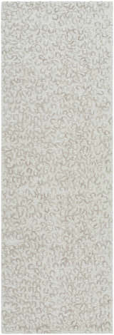 Close-up of the hand-tufted Zayit Area Rug. Light silver wool rug with a subtle sterling gray contemporary pattern. Design-Runner-268