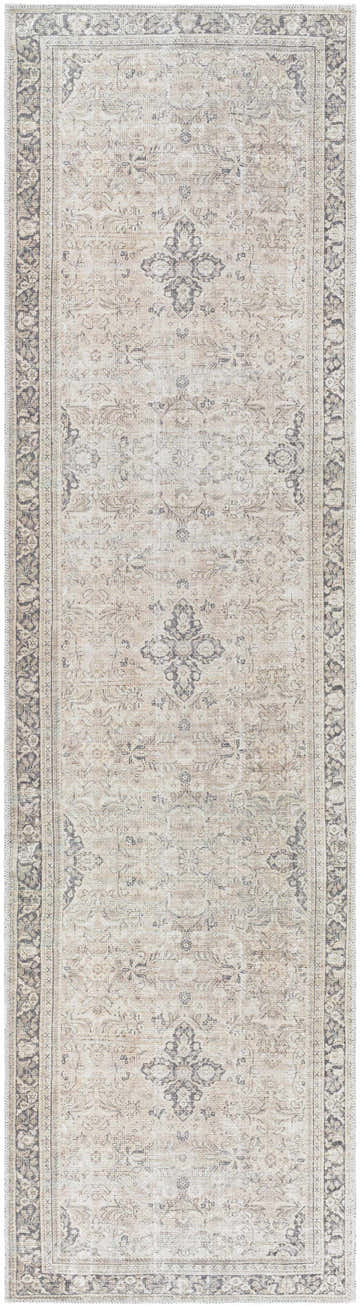 Close-up of the Zeger Washable Area Rug. Traditional design in light silver, prairie dust, silver gray, tan, and warm gray. Design-Runner-2710