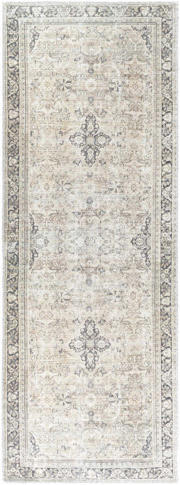 Close-up of the Zeger Washable Area Rug. Farmhouse style runner rug in light silver, prairie dust, and silver gray tones. Design-Runner-2773