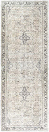 Close-up of the Darling Becki Owens x LIVABLISS BODA-2304 washable area rug. Features a traditional pattern in tan, white, and dark gray. Design-Runner-2773