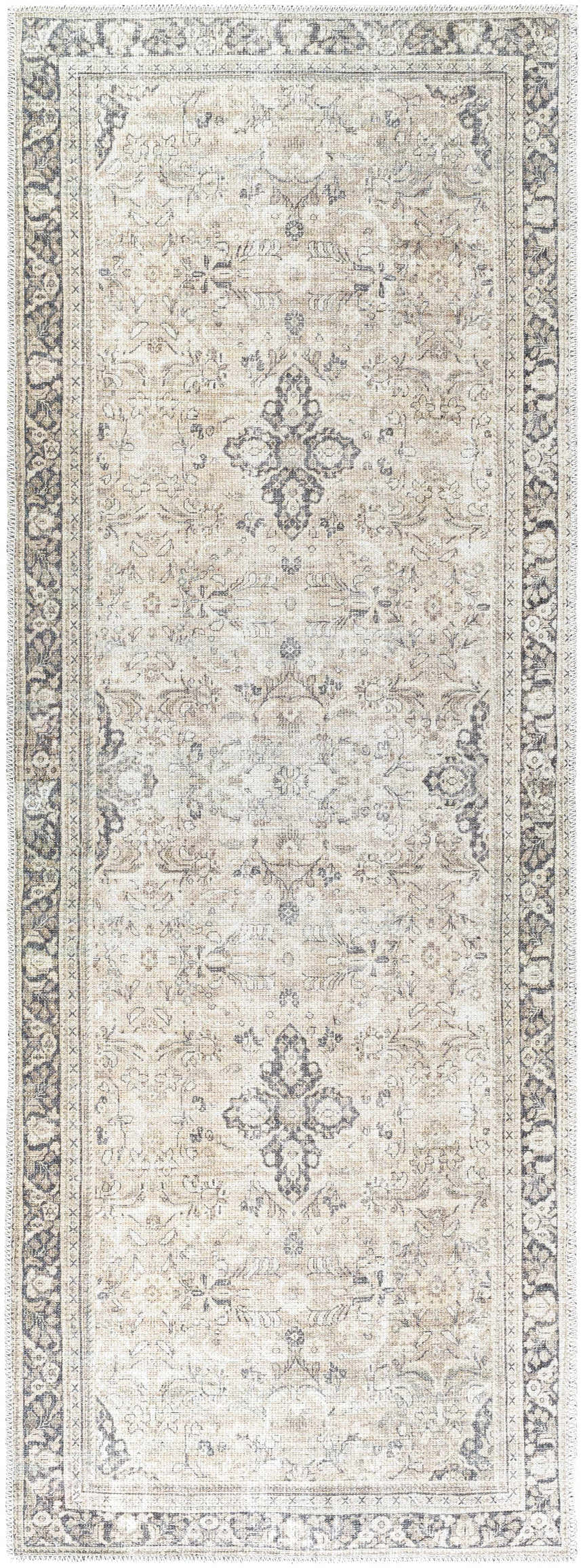 Close-up of the Darling Becki Owens x LIVABLISS BODA-2304 washable area rug. Features a traditional pattern in tan, white, and dark gray. Design-Runner-2773