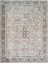 Close-up of the Zeger Washable Area Rug. Traditional floral pattern in light silver, prairie dust, and silver gray tones. Design-Rectangle-537