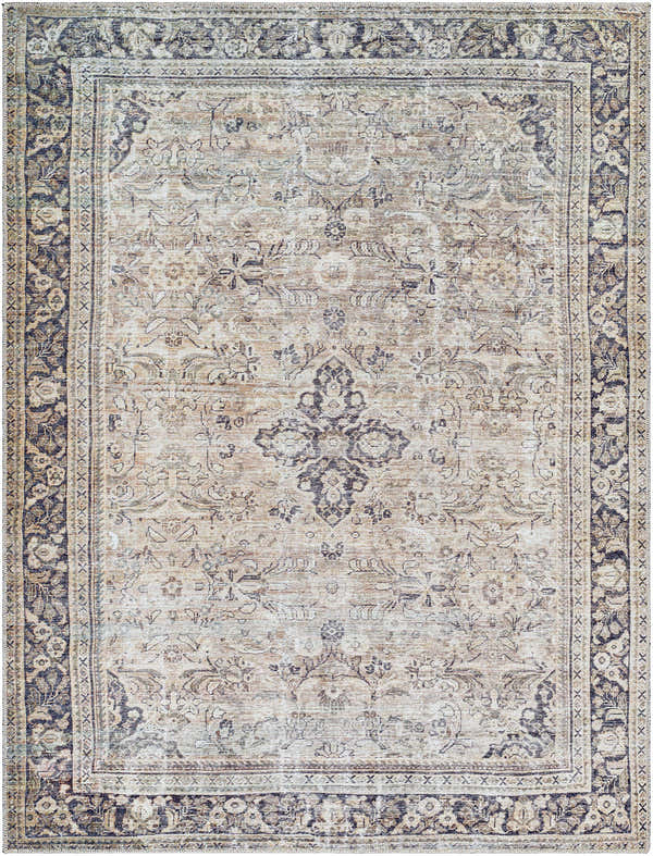 Close-up of the Darling Becki Owens x LIVABLISS BODA-2304 rug. Traditional floral pattern in tan, white, and dark blue. Design-Rectangle-537