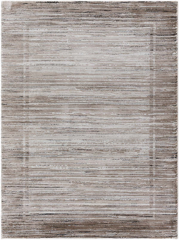 Close-up of Ainhoa Luxe Thick Area Rug. Contemporary style with ivory, tan, peach, and black striations. Machine woven texture. Design-Rectangle-537